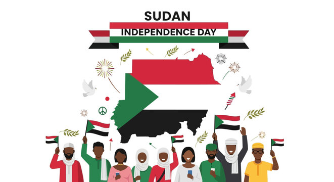 Vector illustration of a diverse crowd of Sudanese people celebrating a national holiday with flags and fireworks