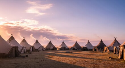 Serene sunset over campsite with traditional canvas tents in open field