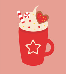 Red Christmas cup with whipped cream and lollipop, gingerbread cookie in shape heart. Vector flat illustration.