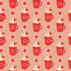 Seamless Pattern. Red Christmas cup with whipped cream, candy cane, gingerbread cookie and star. Winter drink. Vector flat illustration.