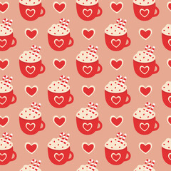Seamless Pattern. Red Christmas cup with whipped cream, candy cane and heart. Winter drink. Vector flat illustration.