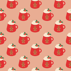 Seamless Pattern. Red Christmas cup with whipped cream, mistletoe. Vector flat illustration.