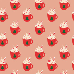 Seamless Pattern. Red Christmas cup with whipped cream, candy cane and sprinkles. Mug decorated christmas tree. Vector flat illustration.
