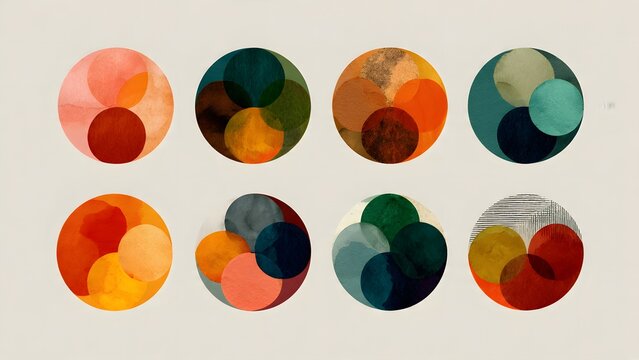 A colorful abstract background collage composed of sliced or layered circular shapes, set in a cool winter color palette
