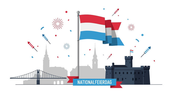 Joyful Luxembourg National Day Festivities with Waving Flag, Exploding Fireworks, and Iconic Landmark Cityscape