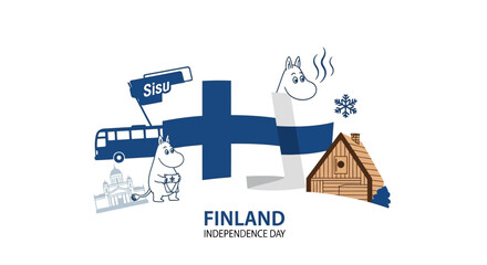 A festive vector illustration celebrating Finland's national day, featuring a collage of cultural icons like the flag, a cathedral, and a winter cabin