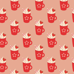 Seamless Pattern. Red Christmas cup with whipped cream, candy cane and sprinkles, gingerbread heart cookie. Mug decorated star. Vector flat illustration.