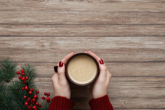 Woman holding a warm coffee mug over a rustic wooden background with pine branches and red berries, creating a cozy winter concept