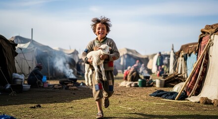 Fototapeta premium Happy young boy running with lamb in rural tent village