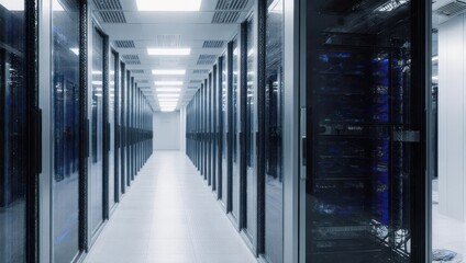 Data Center Server Room - Rows of Servers in a Modern Facility.