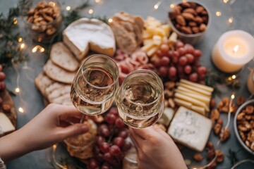People raising white wine glasses, celebrating around a festive charcuterie board with cheese, grapes, nuts, and salami