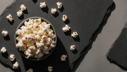 Bowl of popcorn on a dark slate surface with scattered kernels.