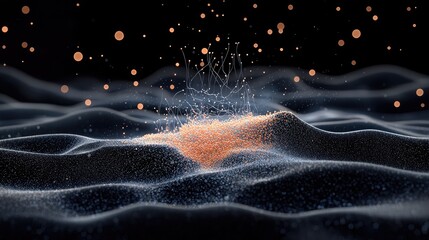 A dark, abstract landscape with undulating, wave-like forms covered in small particles, and a cluster of glowing orange particles at the center.