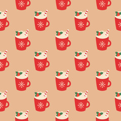 Seamless Pattern. Red Christmas cup with whipped cream, candy cane and mistletoe. Winter drink. Vector flat illustration.