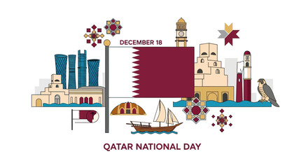 Qatar National Day Celebration with Flag, Landmarks, and Traditional Dhow