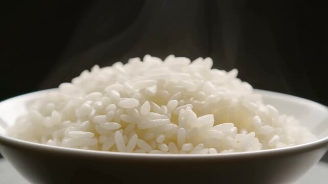 Steaming bowl of perfectly cooked rice. The fluffy grains are fresh and ready to eat, and it is a popular staple food Stock Video