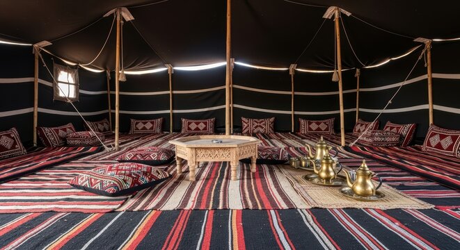Traditional bedouin tent interior with cushions and brass coffee pots