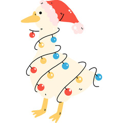 Cute Goose with christmas lighting and Santa hat hand drawn illustration