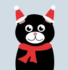 Christmas black Cat in funny hat and scarf. Vector flat illustration.