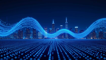 Technology wave represents high-speed digital technology connection over the dark urban skyline
