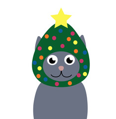 Cat in funny hat Christmas tree. Vector flat illustration.