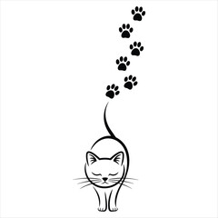 Black silhouette of a walking cat with closed eyes and paw prints
