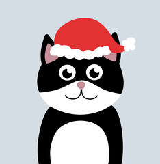 Cute Christmas Cat in hat. Vector flat illustration.