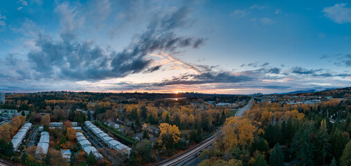 Sunrise Over Autumn Forests and Suburban Skyline in Burnaby, Greater Vancouver, BC, Canada at Dawn