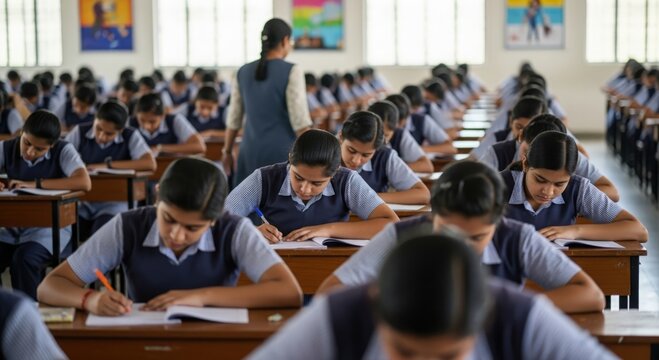 Students Taking School Examination &ndash; Focused pupils seated in a supervised exam hall