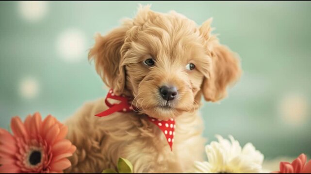 Fluffy Puppy with a Bandana and Flowers