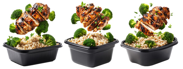Healthy grilled chicken, brown rice, and broccoli flying in black plastic meal container isolated on white transparent background