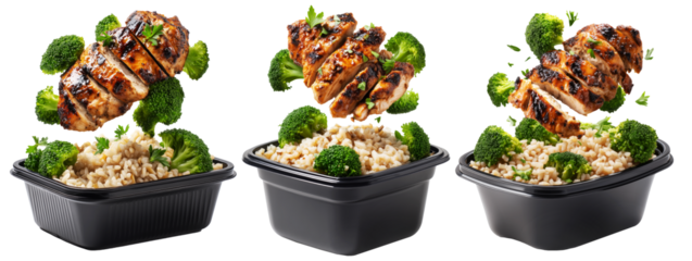 Healthy grilled chicken, brown rice, and broccoli flying in black plastic meal container isolated on white transparent background