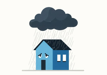 Sad blue house under a dark rain cloud, isolated on white background