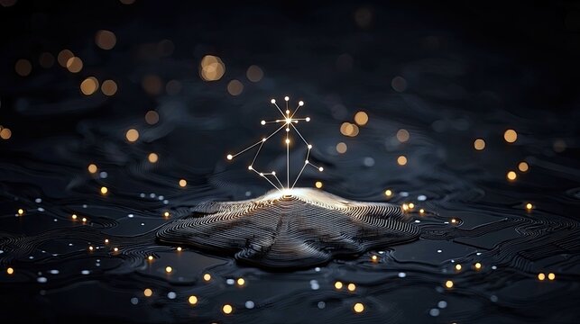 A luminous network of interconnected points and lines emerges from a textured, dark surface, surrounded by scattered golden lights.