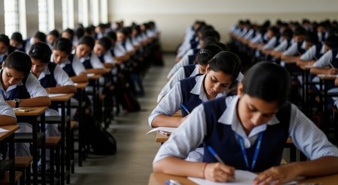 Indian Pupils During Final Exam &ndash; Quiet hall of students concentrating on written assessment