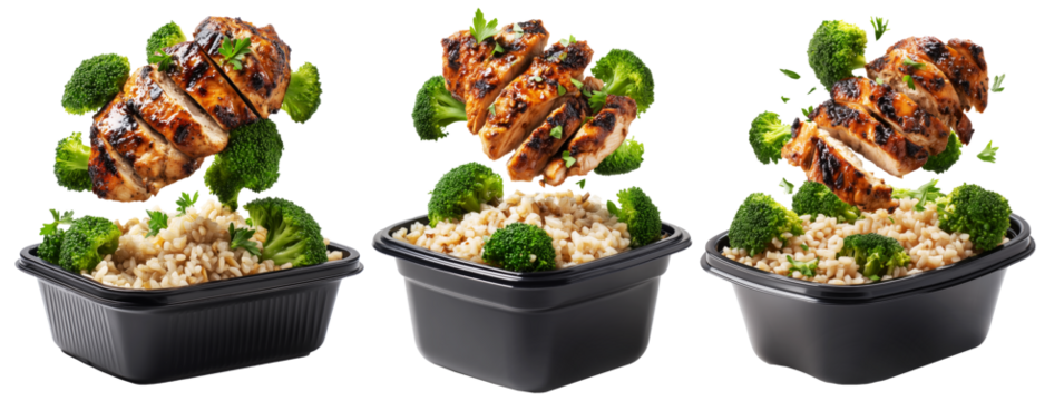 Healthy grilled chicken, brown rice, and broccoli flying in black plastic meal container isolated on white transparent background