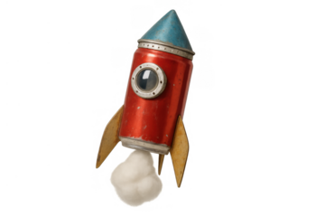 Handmade toy rocket launching, red vintage spacecraft ascending, a symbol of childhood dreams and creative innovation with transparent background