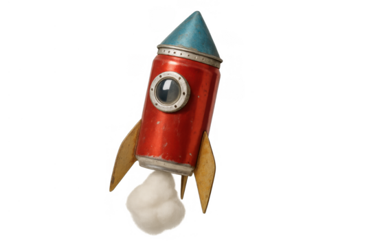 Handmade toy rocket launching, red vintage spacecraft ascending, a symbol of childhood dreams and creative innovation with transparent background