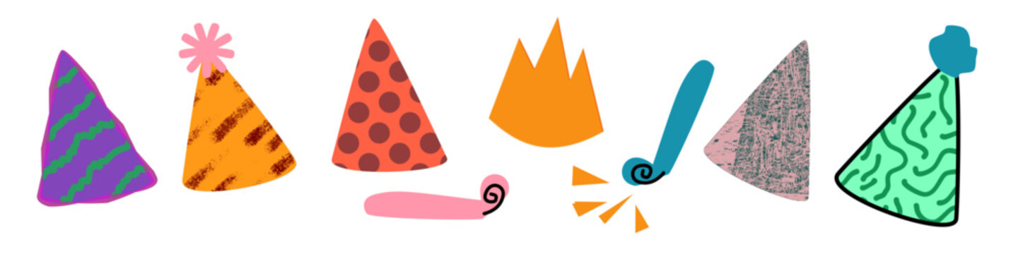 Birthday party hat icon,Clarinet. Purple, green, orange, pattern, background, vector illustration of a set of colored pencils, Hand drawn birthday party hats and doodle party blowers horns set vector 