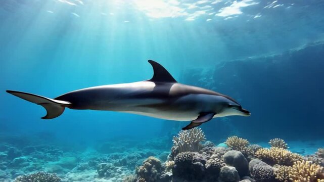 A dolphin swimming in the ocean with coral reefs and sunlight piercing through the water surface dolphin video