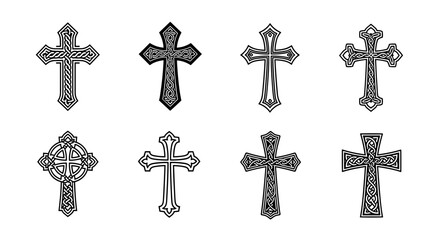 Collection of black and white crosses in various Celtic designs, suitable for religious or decorative purposes, isolated on white background.