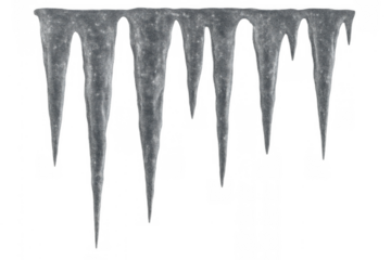 Row of hanging transparent icicles forming a frozen fringe, clean winter ice elements dripping water in cold weather