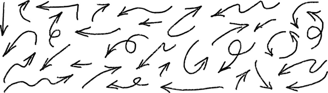 Arrow vector line icon set. Hand drawn brush sketch arrow line curve up, down shape chalk texture element set. Abstract grunge scribble chalk crayon style.