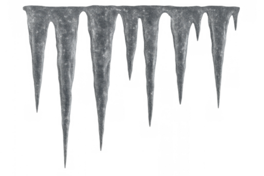 Row of hanging transparent icicles forming a frozen fringe, clean winter ice elements dripping water in cold weather