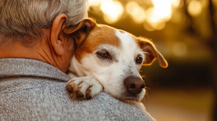 Elderly man holding small dog close on sunny afternoon outdoors  