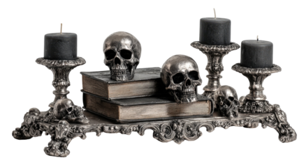 Antique gold metal candlestick with a burning candle near a scary human skull bone on black for horror art