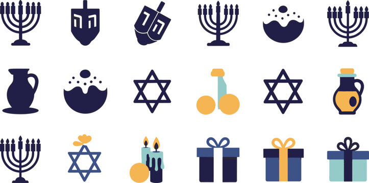 Collection of hanukkah symbols including menorahs dreidels star of david gifts and oil jug isolated on transparent background - Powered by Adobe