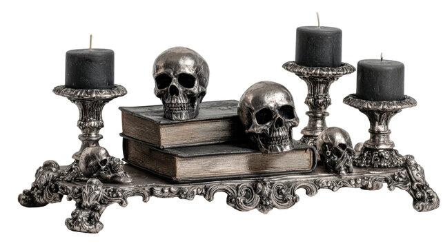 Antique gold metal candlestick with a burning candle near a scary human skull bone on black for horror art
