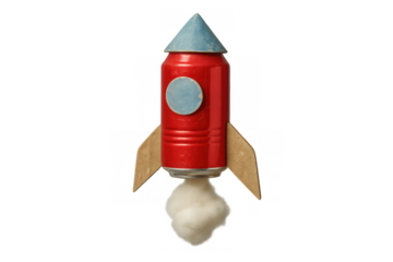Diy red rocket crafted from a recycled can, cardboard, and cotton, representing imagination, eco-friendliness, and exploration