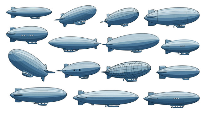 Set of illustrated airships in various angles and designs, isolated on a white background, representing air travel and transportation concepts, ideal for design elements and educational resources.